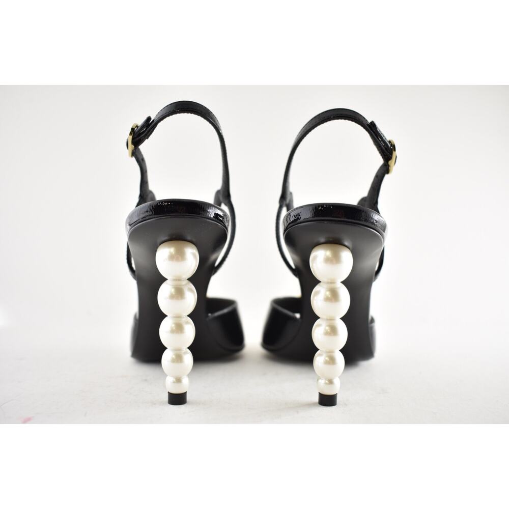 Chanel 23S Black Patent Leather CC Logo Pearl Heel Ankle Strappy Sandal Pump 37 - Picture 12 of 15